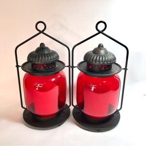 Red Glass Black Metal Battery Operated Candle Lanterns